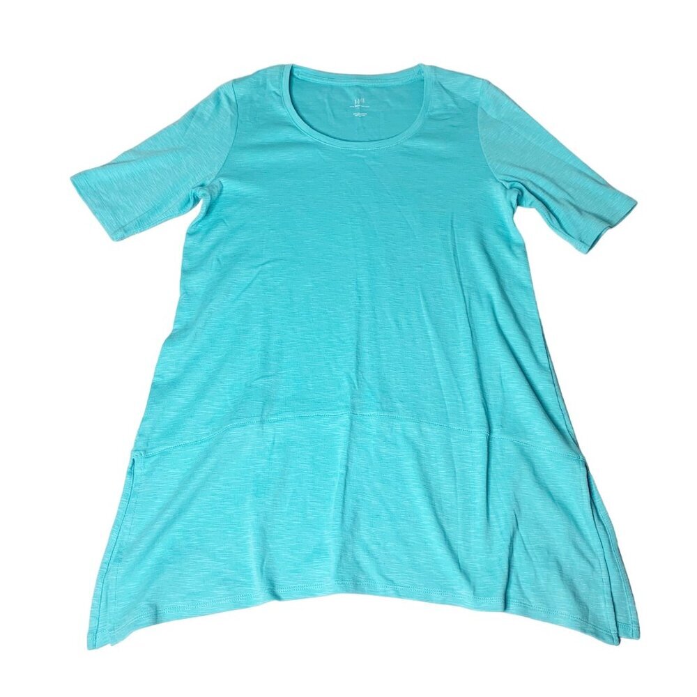 J. Jill Pima Dipped-Hem Tunic Top Short Sleeve Blue Pima Cotton Side Slits Sz S